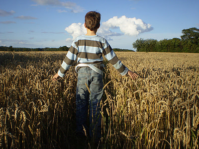 boy wearing blue and black stripe long sleeve shirt & blue jeans standing in the middle of rice field during daytime thumbnail
