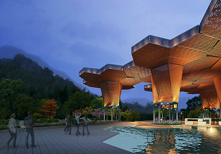 people walking along swimming pool and beige building thumbnail