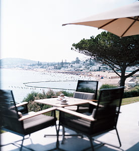green leafed tree near table and chairs during daytime thumbnail