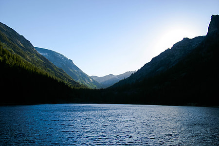 body of water surrounded by mountains thumbnail