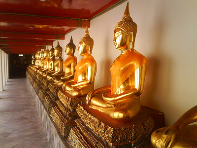 brass-colored sitting buddhas inside temple thumbnail