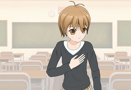 animated girl wearing black long-sleeved shirt standing between writing chairs thumbnail