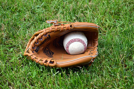baseball in baseball mitt on green grass thumbnail