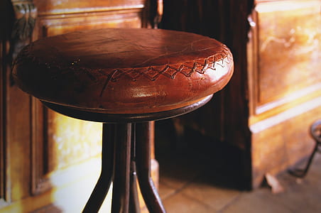brown leather stool and black steel base thumbnail