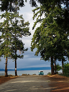 teal and white minivan traveling near body of water during daytime thumbnail