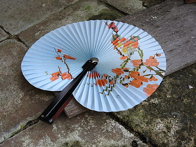 white and orange floral hand fan thumbnail
