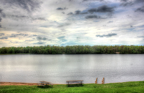 View across the lake with clouds at Council Grounds State Park, Wisconsin thumbnail