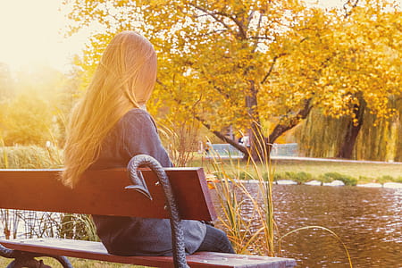 Back view of lonely young brunette woman sitting on a bench in the park thumbnail