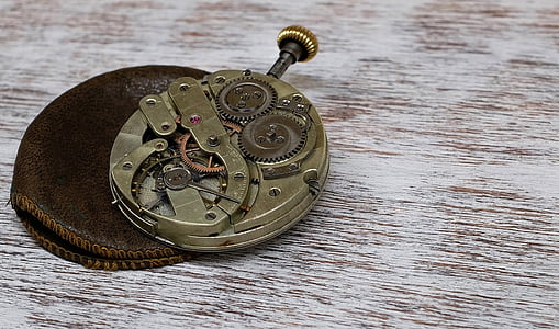 photo of brass-colored skeleton pocket watch on leather case thumbnail