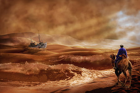 man riding camel facing body of water thumbnail