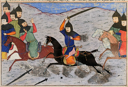 man holding sword while riding horse art work thumbnail