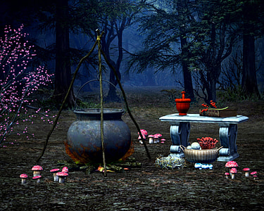 Witch Cauldron and Ingredients in the woods thumbnail