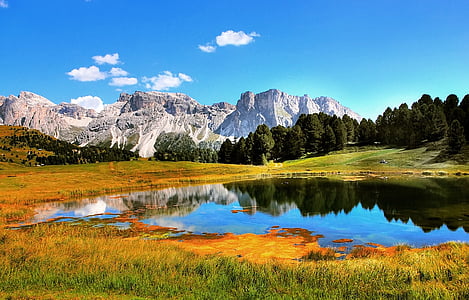 landscape photography of mountain with body of water thumbnail
