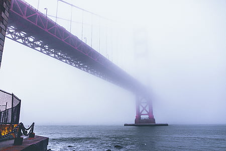red metal bridge in foggy weather thumbnail