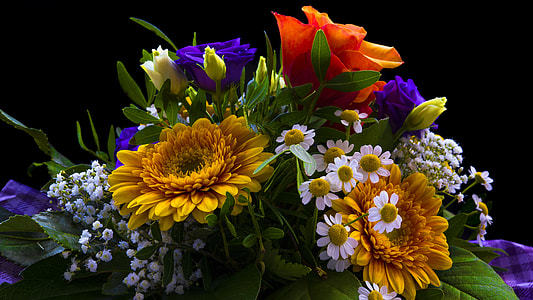 yellow Gerbera flowers and white asters flowers with red and purple Roses flowers thumbnail
