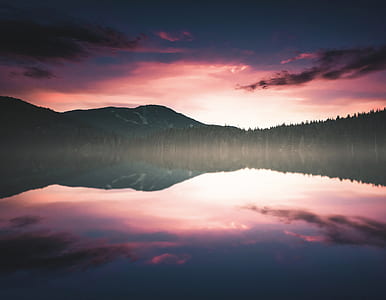silhouette of trees near river during sunset thumbnail