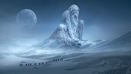 silhouette of group of people in line under full moon with bearded man mountain statue background thumbnail