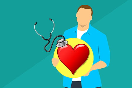 Illustration of man holding heart icon, heath care concept. thumbnail