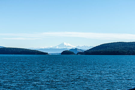 calm body of water overlooking mountain under blue sky at daytime thumbnail