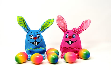 minimalist photography of two blue and pink Easter bunny toys thumbnail