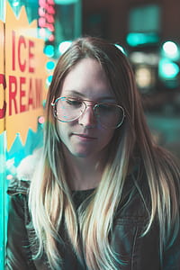 woman leaning against glass wall with ice cream sticker label thumbnail