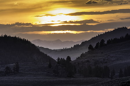 tree covered field and mountains during sunset thumbnail