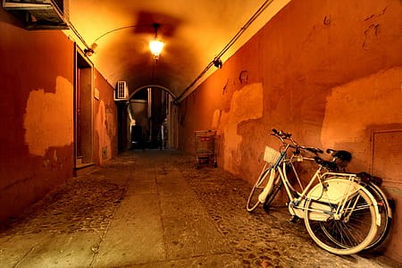 Two bicycles parked against the wall during night time thumbnail