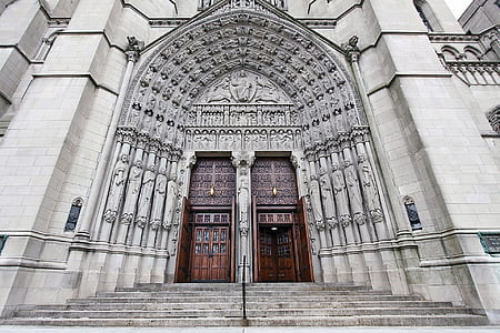 low angle photo of doors of gray concrete building thumbnail