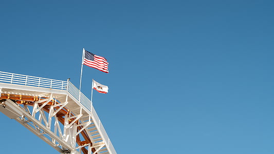 USA flag mounted on white metal railing thumbnail