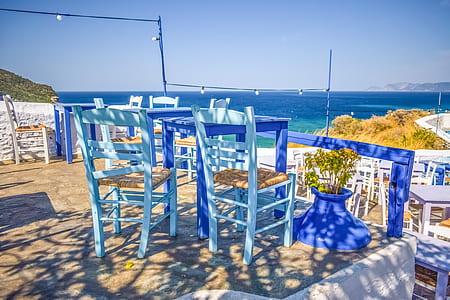 blue wooden table and chairs thumbnail