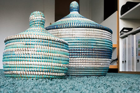 teal and white knitted vases thumbnail