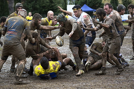 group of people playing mud fight in field thumbnail