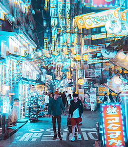 people walking carrying bag surrounded by lights thumbnail