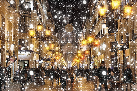 people with snow drops background during night thumbnail