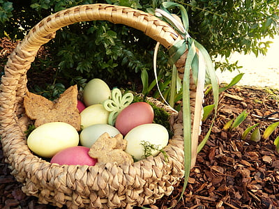 clutch of poultry eggs in wicker basket thumbnail