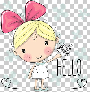 Cartoon Drawing Illustration, Hand drawn cute cartoon girl material, girl with hello text overlay PNG clipart
