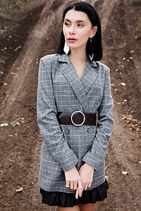woman in gray plaid blazer and black mini skirt thumbnail