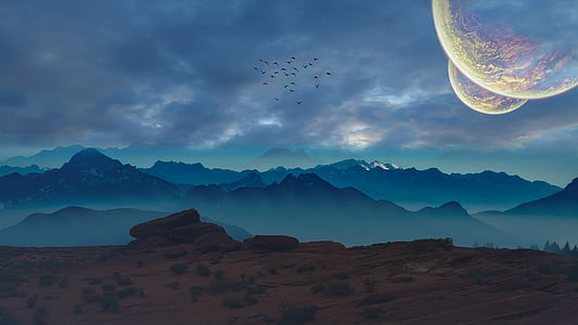 birds flying in the sky above mountain painting thumbnail
