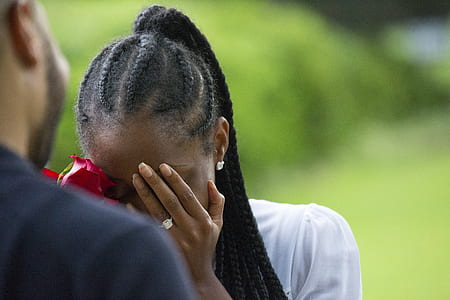 woman holding red rose covering her face with hands thumbnail