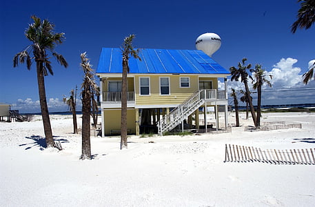yellow and blue wooden house near sea during daytime thumbnail