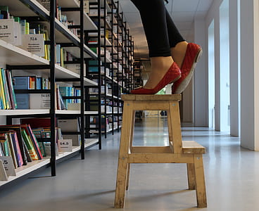 person in red shoes standing on wooden step ladder inside library thumbnail