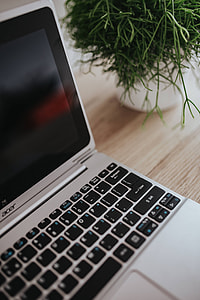Silver Acer laptop on a wooden desk with a green plant, pencils and an Apple iPhone thumbnail