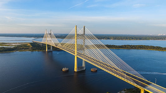 aerial photo of grey and black concrete bridge under blue cloudy sky thumbnail