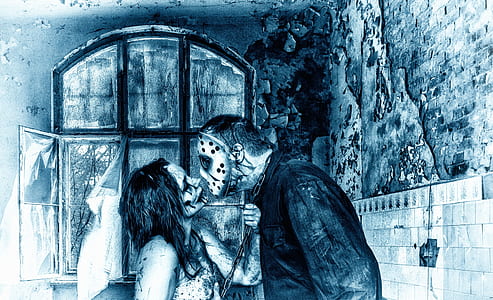 man with mask in front of woman in white shirt painting thumbnail