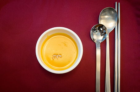 round white ceramic bowl with silver-colored spoon thumbnail