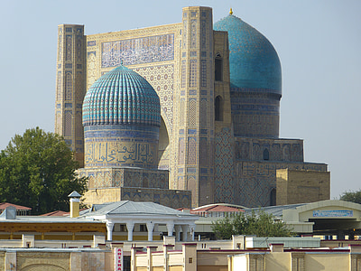 blue and brown mosque near green leafed tree thumbnail