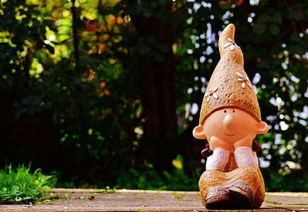 brown gnome figurine on brown surface near trees thumbnail