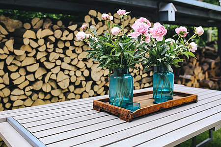 Pink flowers on a wooden table in a sunny garden thumbnail