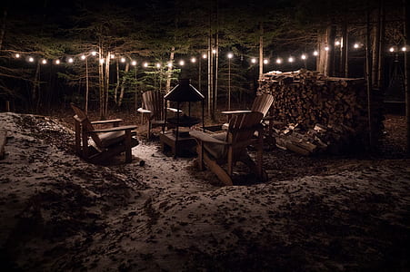 four brown adirondack chairs in forest thumbnail