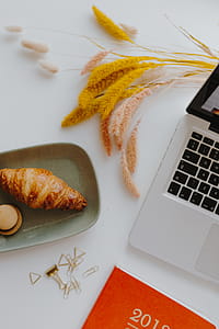Female desk with orange notebook and pumpkins thumbnail